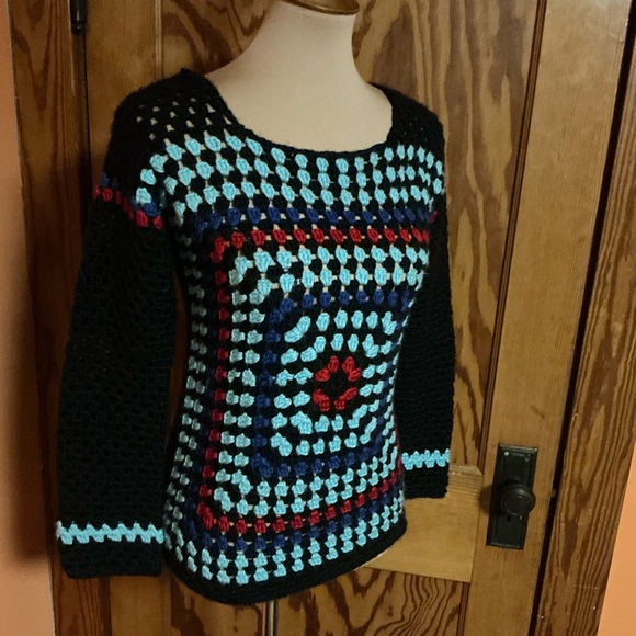 Vtg 70s Handmade Granny Square Handmade sweater - Picture 5 of 12